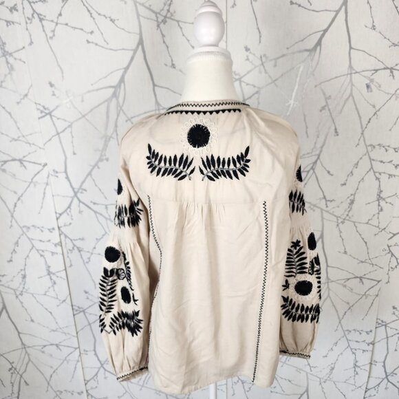 Zara Beige Floral Embroidered Cotton Linen Tassel Lantern Sleeve Jacket - Picture 5 of 8